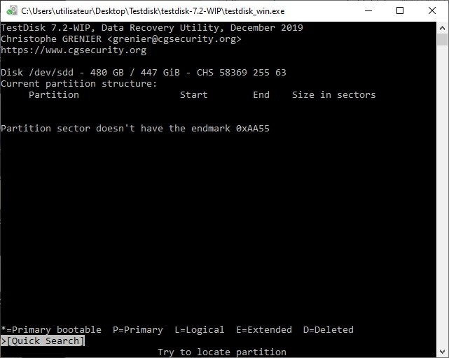 recherche table partition disque non reconnu