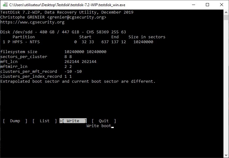 réparer secteur boot raw