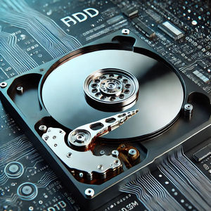 Vue rapprochée d'un disque dur (HDD) avec ses composants internes, entouré de symboles de flux de data