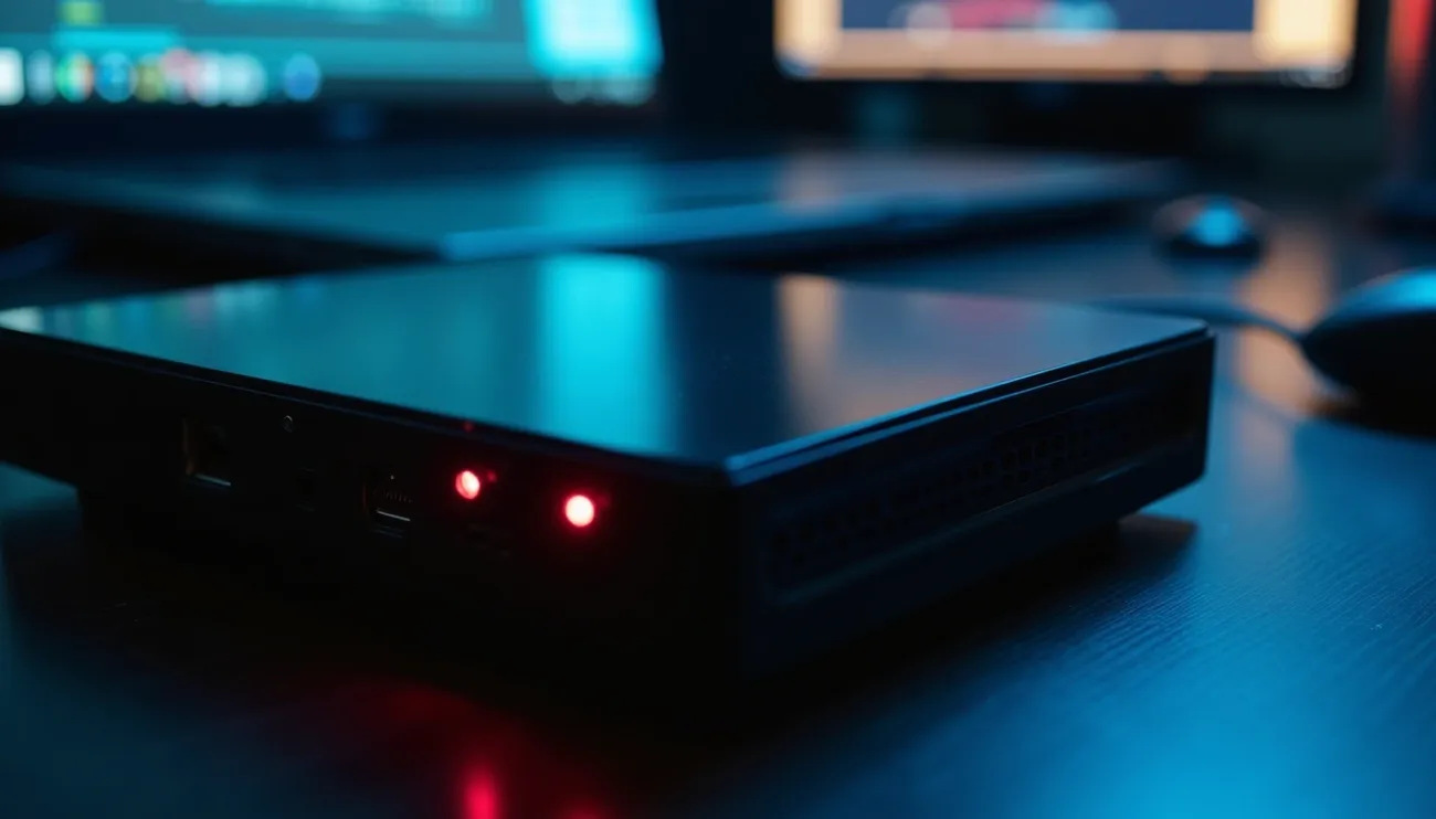 External hard drive with red indicator lights on a desk in front of computer monitors in a dimly lit room.