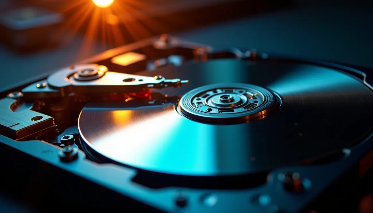 Close-up of an open hard disk drive with reflective platters and read/write arm under warm lighting
