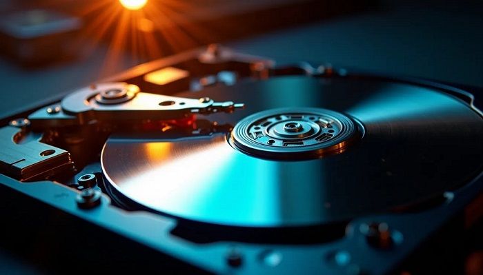 Disque dur ouvert, plateaux et bras de lecture visibles en laboratoire