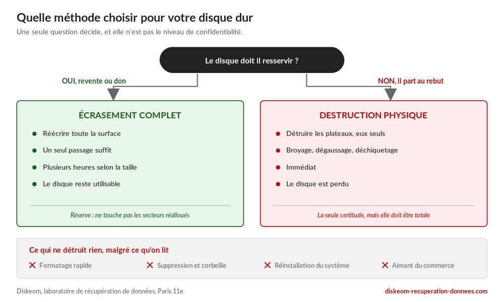 arbre de décision entre écrasement complet et destruction physique d'un disque dur, et ce qui ne détruit rien