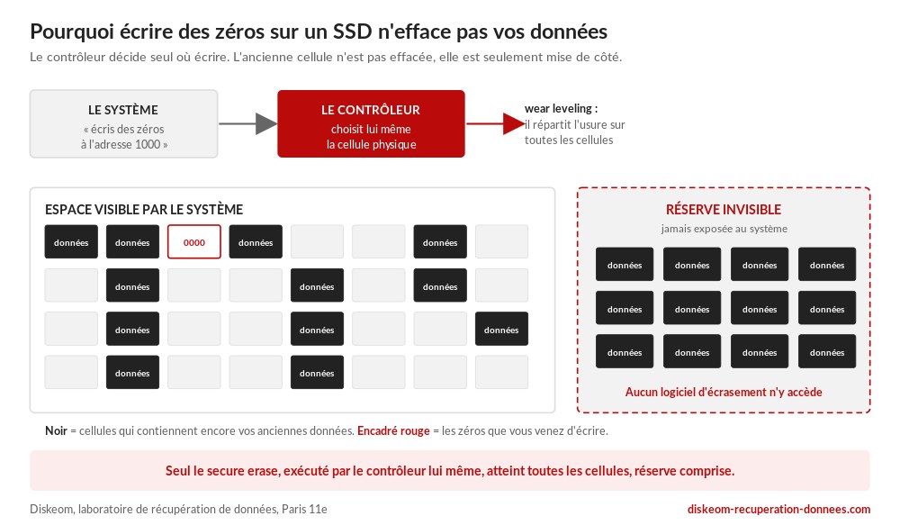 schéma du wear leveling, le contrôleur écrit ailleurs et l'ancienne cellule garde vos données